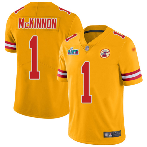 Chiefs #1 Jerick McKinnon Gold Super Bowl LVII Patch Youth Stitched Limited Inverted Legend Jersey