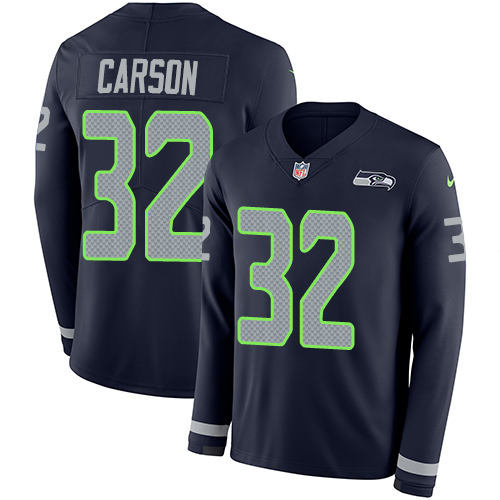 Seattle Seahawks #32 Chris Carson Steel Blue Team Color Men's Stitched Limited Therma Long Sleeve Jersey Men's