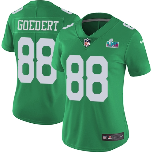 Eagles #88 Dallas Goedert Green Super Bowl LVII Patch Women's Stitched Limited Rush Jersey