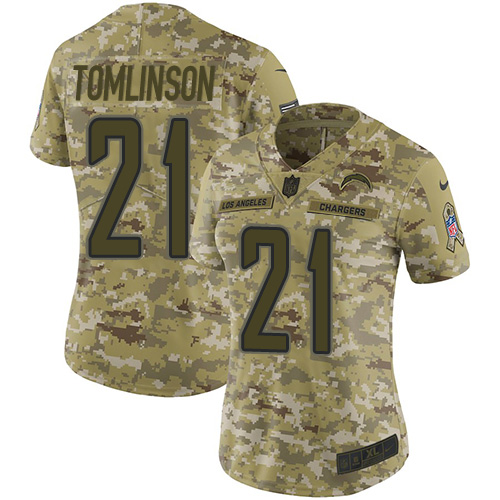 Chargers #21 LaDainian Tomlinson Camo Women's Stitched Limited 2018 Salute To Service Jersey