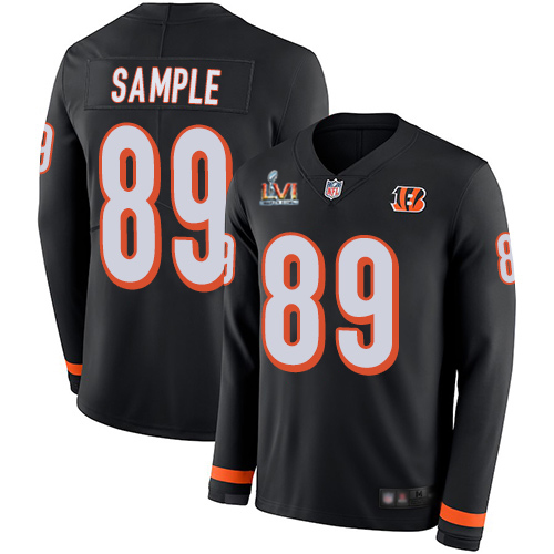 Cincinnati Bengals #89 Drew Sample Black Team Color Super Bowl LVI Patch Men's Stitched Limited Therma Long Sleeve Jersey Men's