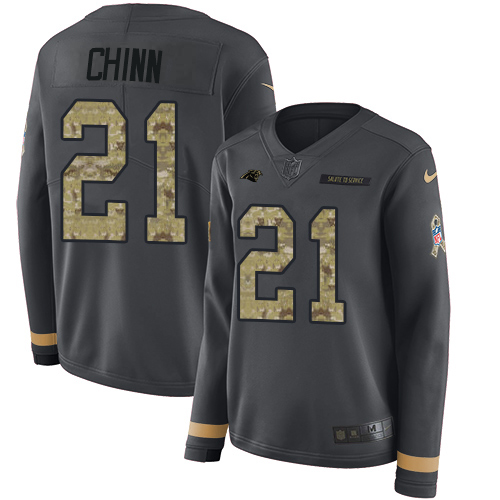 Panthers #21 Jeremy Chinn Anthracite Salute To Service Women's Stitched Limited Therma Long Sleeve Jersey