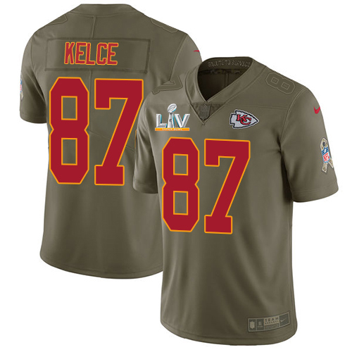 Chiefs #87 Travis Kelce Olive Youth Super Bowl LV Bound Stitched Limited 2017 Salute To Service Jersey