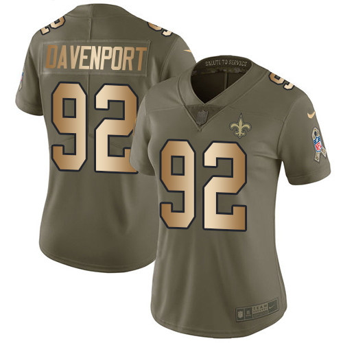 New Orleans Saints #92 Marcus Davenport Olive/Gold Women's Stitched Limited 2017 Salute to Service Jersey Womens