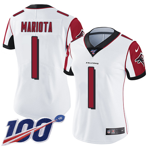 Falcons #1 Marcus Mariota White Stitched Women's 100th Season Vapor Untouchable Limited Jersey