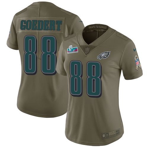 Eagles #88 Dallas Goedert Olive Super Bowl LVII Patch Women's Stitched Limited 2017 Salute To Service Jersey