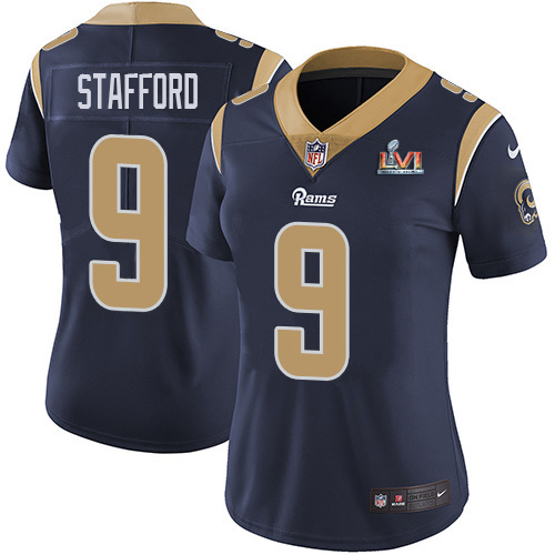 Rams #9 Matthew Stafford Navy Blue Team Color Super Bowl LVI Patch Women's Stitched Vapor Untouchable Limited Jersey