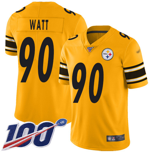 Steelers #90 T. J. Watt Gold Men's Stitched Limited Inverted Legend 100th Season Jersey
