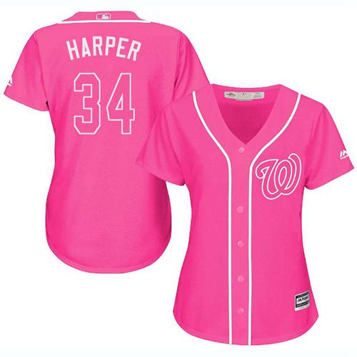 Washington Nationals #34 Bryce Harper Pink Fashion Women's Stitched Jersey Womens