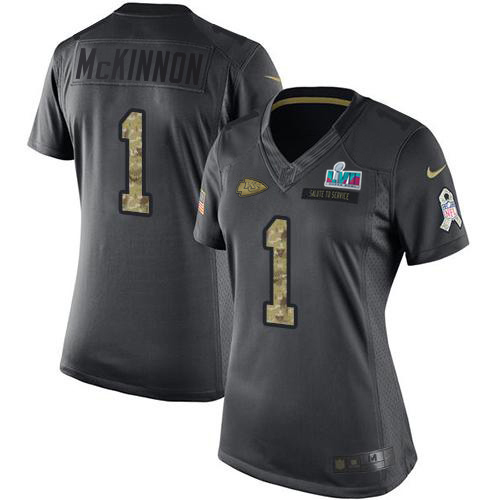 Chiefs #1 Jerick McKinnon Black Super Bowl LVII Patch Women's Stitched Limited 2016 Salute To Service Jersey