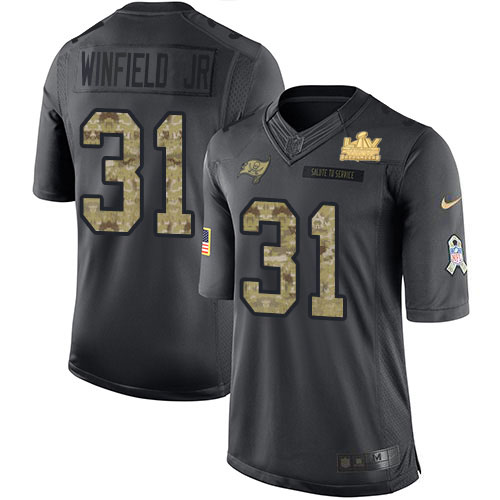 Tampa Bay Buccaneers #31 Antoine Winfield Jr. Black Youth Super Bowl LV Champions Patch Stitched Limited 2016 Salute to Service Jersey Youth