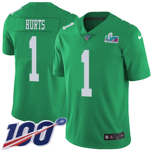 Eagles #1 Jalen Hurts Green Super Bowl LVII Patch Men's Stitched Limited Rush 100th Season Jersey