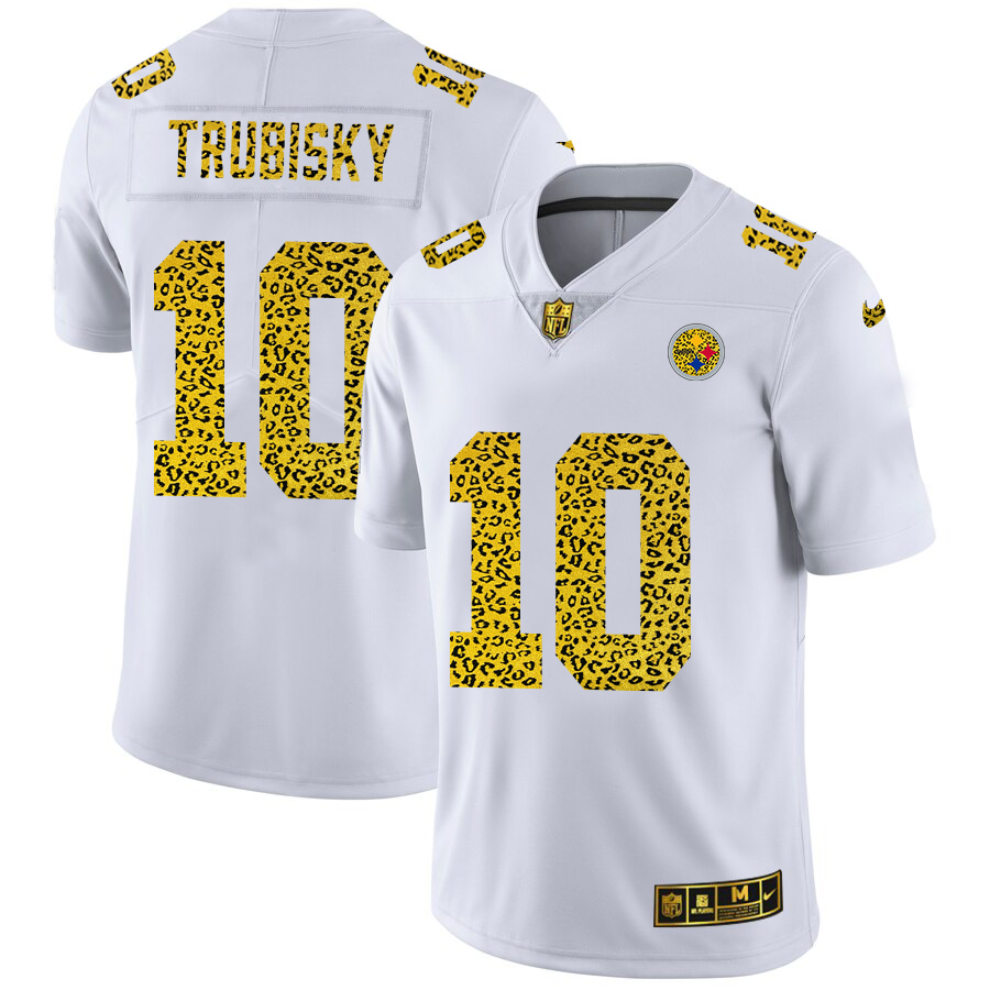 Steelers #10 Mitchell Trubisky Men's Flocked Leopard Print Vapor Limited Jersey White