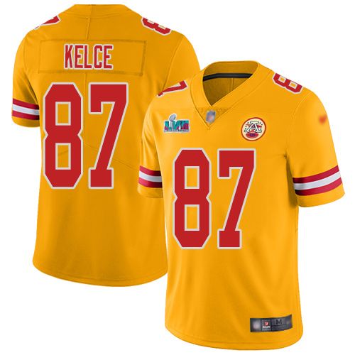 Chiefs #87 Travis Kelce Gold Super Bowl LVII Patch Youth Stitched Limited Inverted Legend Jersey