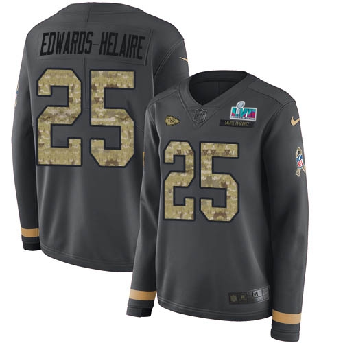 Chiefs #25 Clyde Edwards-Helaire Anthracite Super Bowl LVII Patch Salute To Service Women's Stitched Limited Therma Long Sleeve Jersey