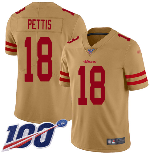 San Francisco 49ers #18 Dante Pettis Gold Men's Stitched Limited Inverted Legend 100th Season Jersey Men's