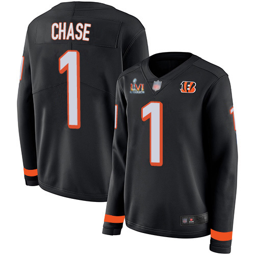 Bengals #1 Ja'Marr Chase Black Team Color Super Bowl LVI Patch Women's Stitched Limited Therma Long Sleeve Jersey