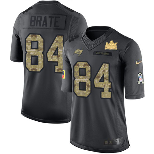 Tampa Bay Buccaneers #84 Cameron Brate Black Youth Super Bowl LV Champions Patch Stitched Limited 2016 Salute to Service Jersey Youth