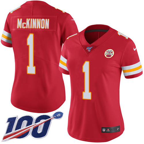 Chiefs #1 Jerick McKinnon Red Team Color Women's Stitched 100th Season Vapor Limited Jersey
