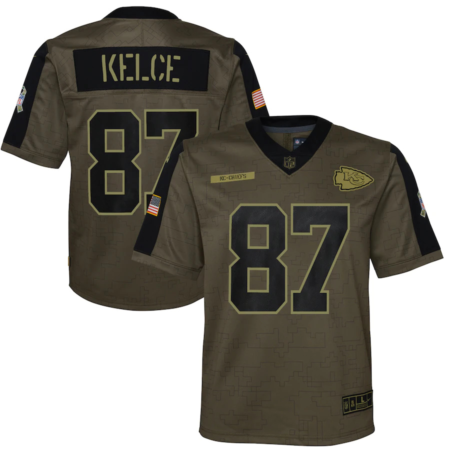 Kansas City Chiefs #87 Travis Kelce Olive Youth 2021 Salute To Service Game Jersey