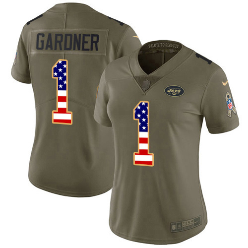 Jets #1 Ahmad Sauce Gardner Olive/USA Flag Women's Stitched Limited 2017 Salute To Service Jersey