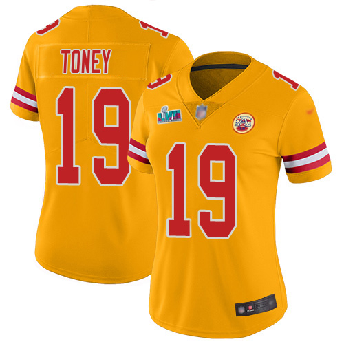 Chiefs #19 Kadarius Toney Gold Super Bowl LVII Patch Women's Stitched Limited Inverted Legend Jersey