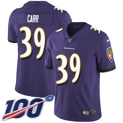Baltimore Ravens #39 Brandon Carr Purple Team Color Youth Stitched 100th Season Vapor Untouchable Limited Jersey Youth