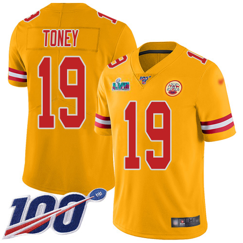 Chiefs #19 Kadarius Toney Gold Super Bowl LVII Patch Youth Stitched Limited Inverted Legend 100th Season Jersey