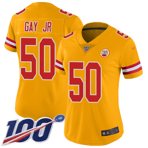 Kansas City Chiefs #50 Willie Gay Jr. Gold Women's Stitched Limited Inverted Legend 100th Season Jersey Womens