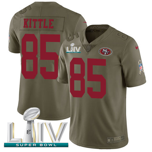 49ers #85 George Kittle Olive Super Bowl LIV 2020 Youth Stitched Limited 2017 Salute To Service Jersey