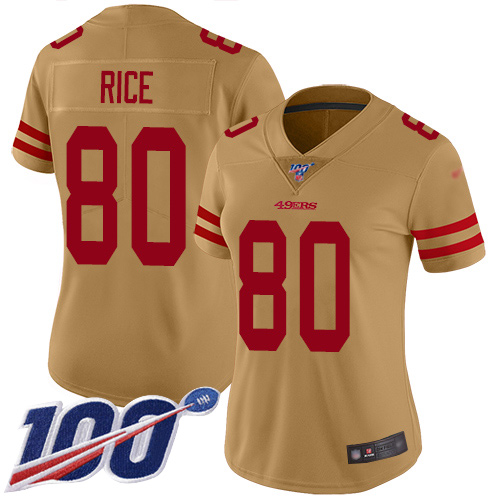 49ers #80 Jerry Rice Gold Women's Stitched Limited Inverted Legend 100th Season Jersey