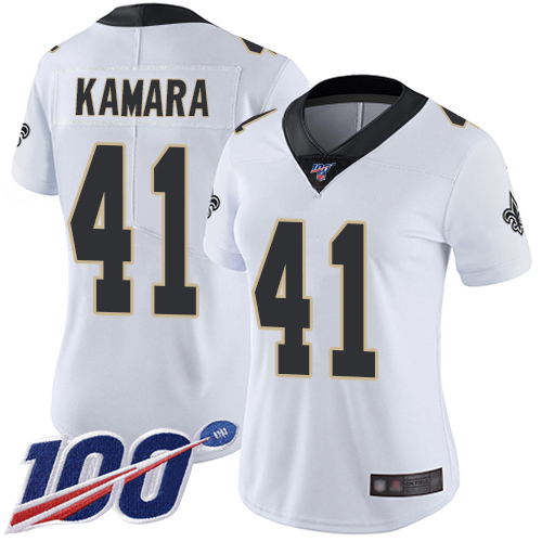 Saints #41 Alvin Kamara White Women's Stitched 100th Season Vapor Limited Jersey