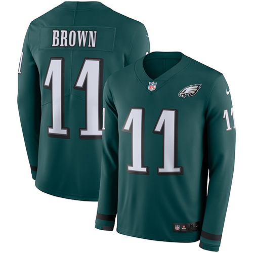 Eagles #11 A.J. Brown Green Team Color Men's Stitched Limited Therma Long Sleeve Jersey