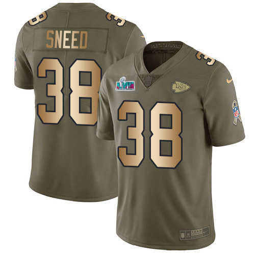 Chiefs #38 L'Jarius Sneed Olive/Gold Super Bowl LVII Patch Youth Stitched Limited 2017 Salute To Service Jersey