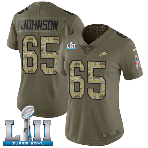 Philadelphia Eagles #65 Lane Johnson Olive/Camo Super Bowl LII Women's Stitched Limited 2017 Salute to Service Jersey Womens