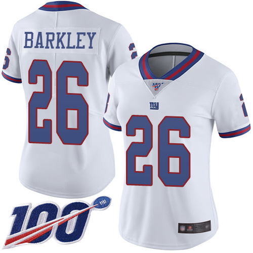 Giants #26 Saquon Barkley White Women's Stitched Limited Rush 100th Season Jersey