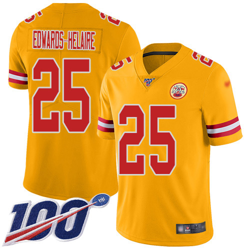 Chiefs #25 Clyde Edwards-Helaire Gold Men's Stitched Limited Inverted Legend 100th Season Jersey