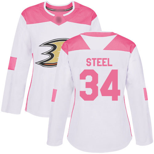 Adidas Anaheim Ducks #34 Sam Steel White/Pink Authentic Fashion Women's Stitched Jersey Womens