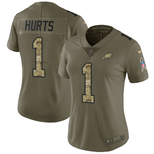 Eagles #1 Jalen Hurts Olive/Camo Women's Stitched Limited 2017 Salute To Service Jersey