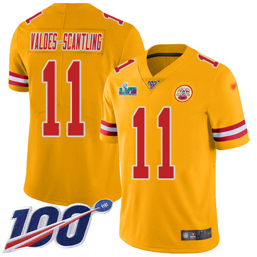 Chiefs #11 Marquez Valdes-Scantling Gold Super Bowl LVII Patch Men's Stitched Limited Inverted Legend 100th Season Jersey
