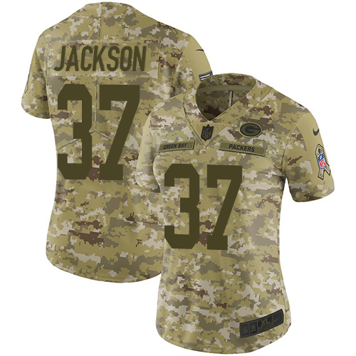 Green Bay Packers #37 Josh Jackson Camo Women's Stitched Limited 2018 Salute to Service Jersey Womens
