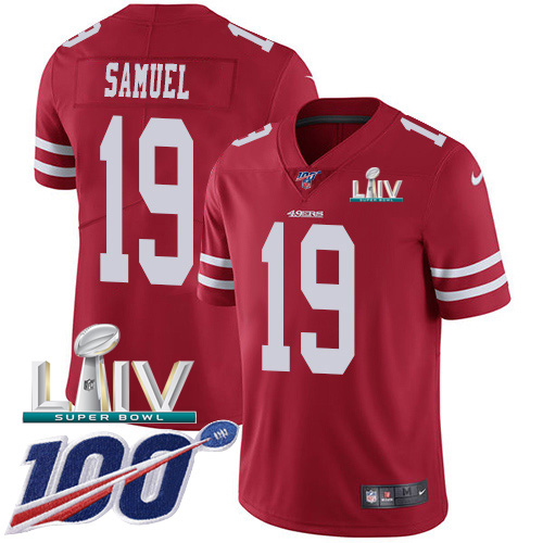 49ers #19 Deebo Samuel Red Super Bowl LIV 2020 Team Color Men's Stitched 100th Season Vapor Limited Jersey