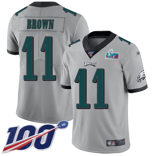 Eagles #11 A.J. Brown Silver Super Bowl LVII Patch Youth Stitched Limited Inverted Legend 100th Season Jersey