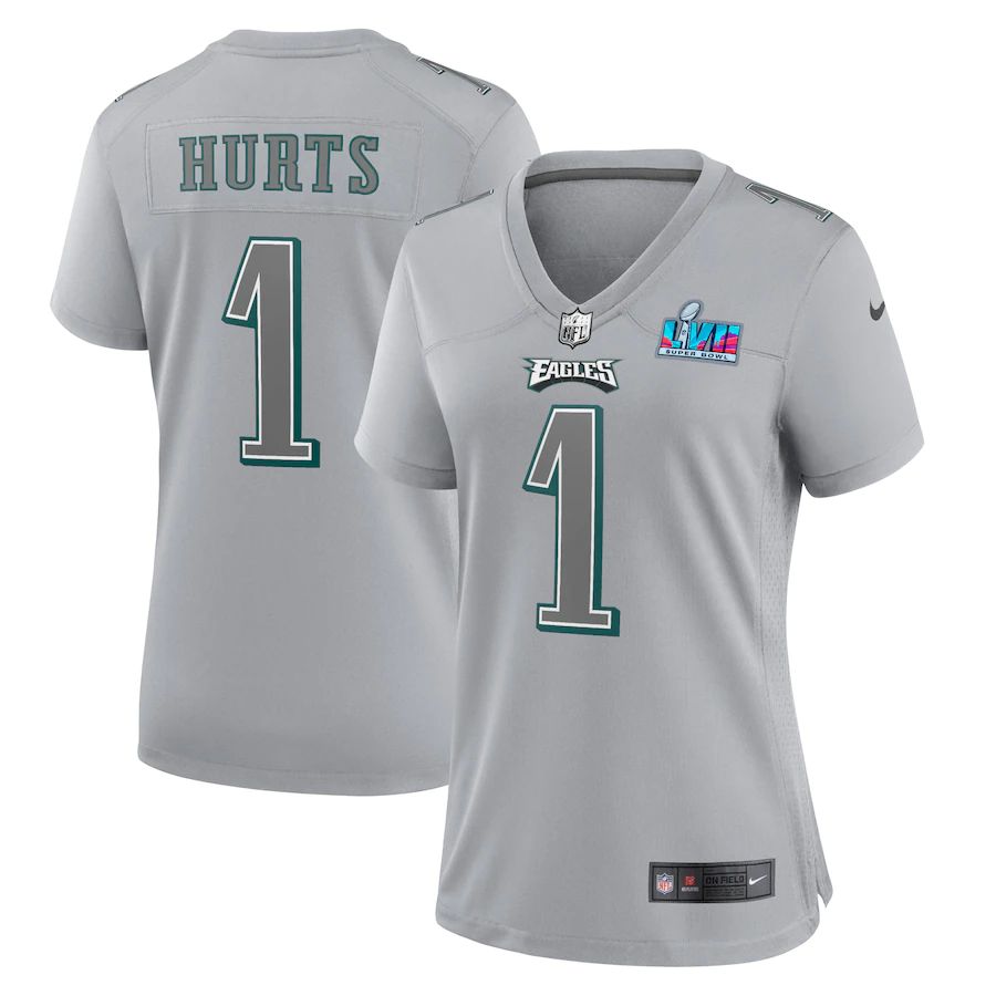 Philadelphia Eagles #1 Jalen Hurts Women's Super Bowl LVII Patch Atmosphere Fashion Game Jersey - Gray