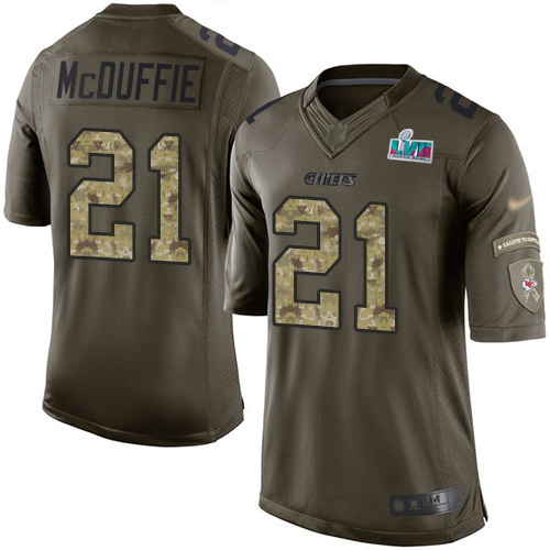 Chiefs #21 Trent McDuffie Green Super Bowl LVII Patch Youth Stitched Limited 2015 Salute To Service Jersey