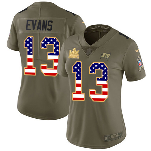 Buccaneers #13 Mike Evans Olive/USA Flag Women's Super Bowl LV Champions Patch Stitched Limited 2017 Salute To Service Jersey
