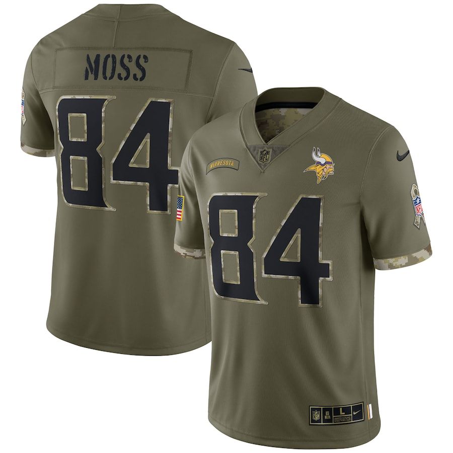 Minnesota Vikings #84 Randy Moss Men's 2022 Salute To Service Limited Jersey - Olive