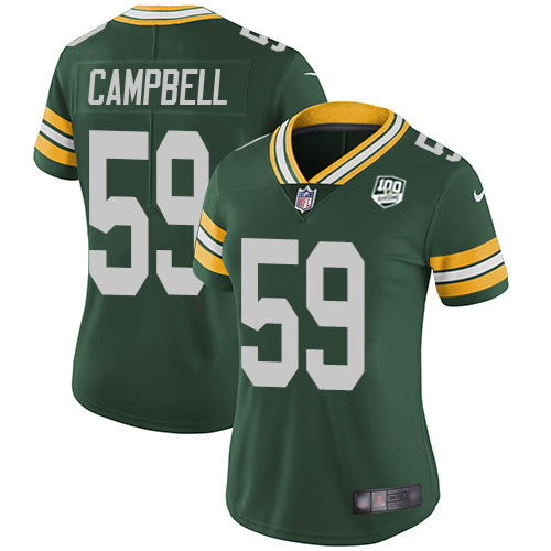 Green Bay Packers #59 De'Vondre Campbell Green Team Color Women's 100th Season Stitched Vapor Untouchable Limited Jersey Womens