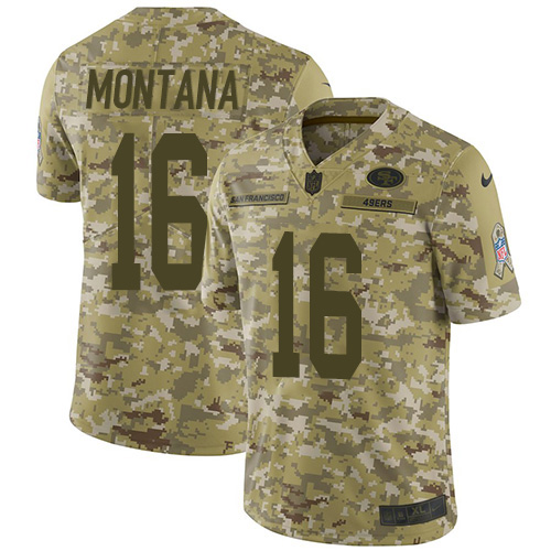 49ers #16 Joe Montana Camo Youth Stitched Limited 2018 Salute To Service Jersey