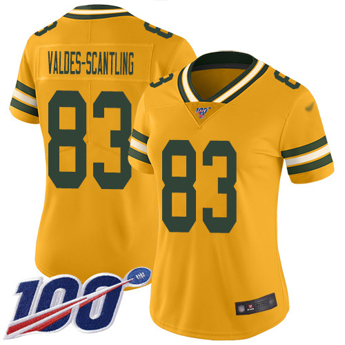 Green Bay Packers #83 Marquez Valdes-Scantling Gold Women's Stitched Limited Inverted Legend 100th Season Jersey Womens